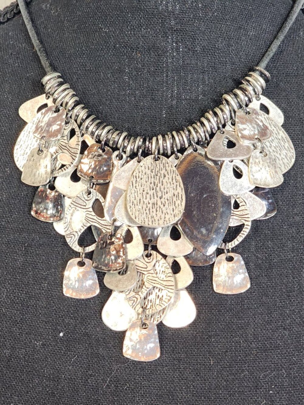 Chico's Silver Gray Black Boho Cluster on a Leather Cord Bivonne 20" Necklace